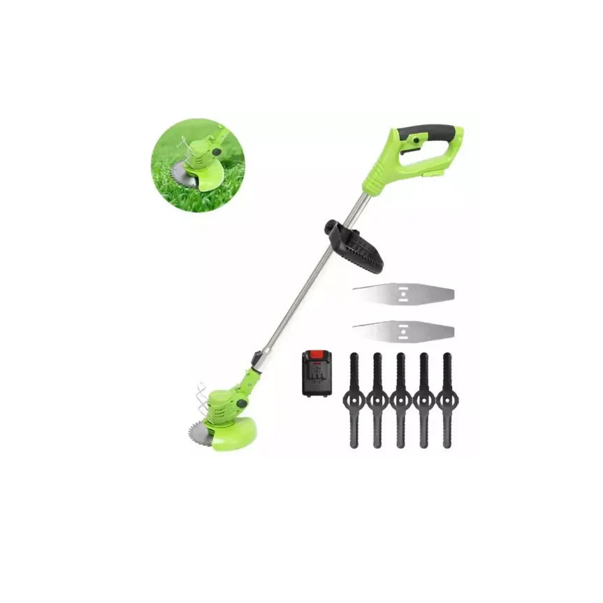 Motocoasa Electrica AT PERFORMANCE Cu Acumulator 24V, Brat Ajustabil, 2 Lame, 1 Disc Pentru Taiere, 18000 RPM, 2-3 Ore Autonomie, Verde