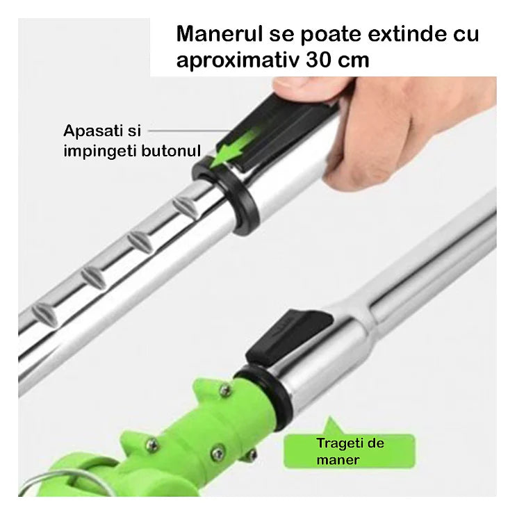 Motocoasa Electrica AT PERFORMANCE Cu Acumulator 24V, Brat Ajustabil, 2 Lame, 1 Disc Pentru Taiere, 18000 RPM, 2-3 Ore Autonomie, Verde