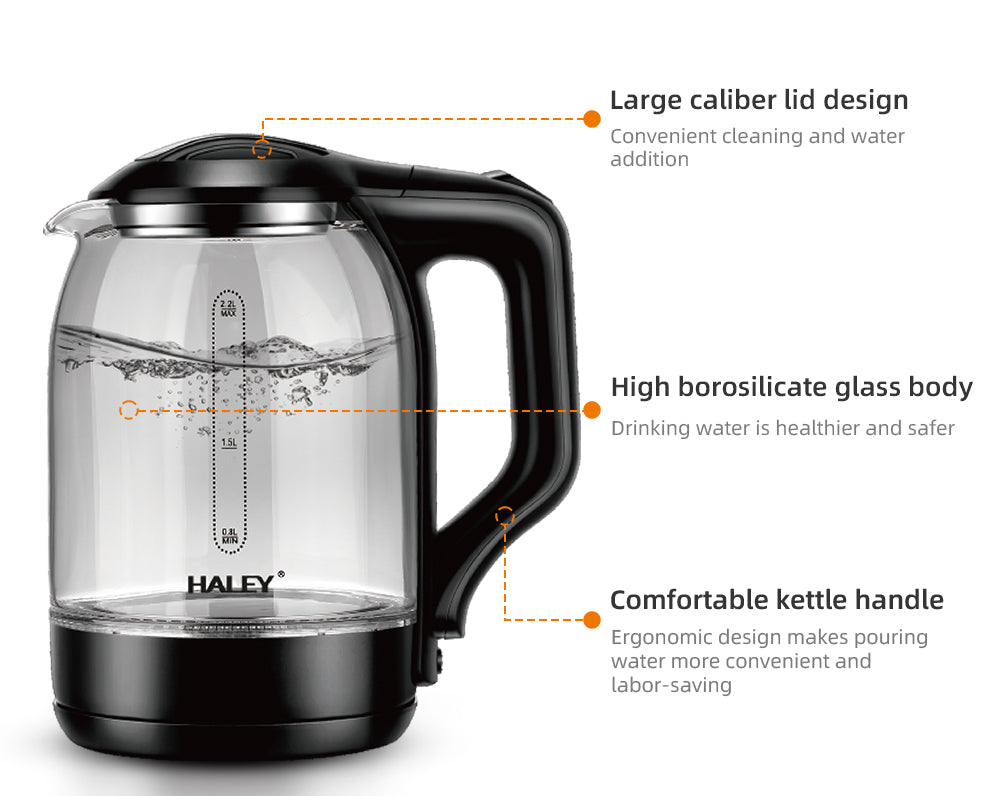 Fierbător Electric HALEY 2.2L, 1800W, Sticlă Termorezistentă, Încălzire Rapidă, Oprire Automată, Design Modern