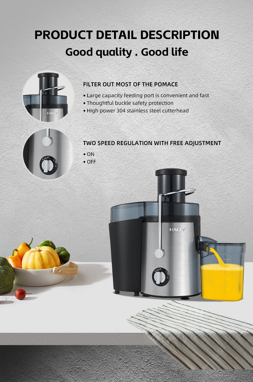 Storcător de Citrice Electric HALEY 1000W – Panou Touch, Zgomot Redus, Capacitate 500ml, Motor Puternic