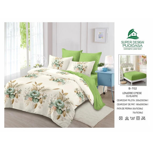 Lenjerie de pat, 6 piese, cu model, B-702, 2 persoane, 200x230 CM