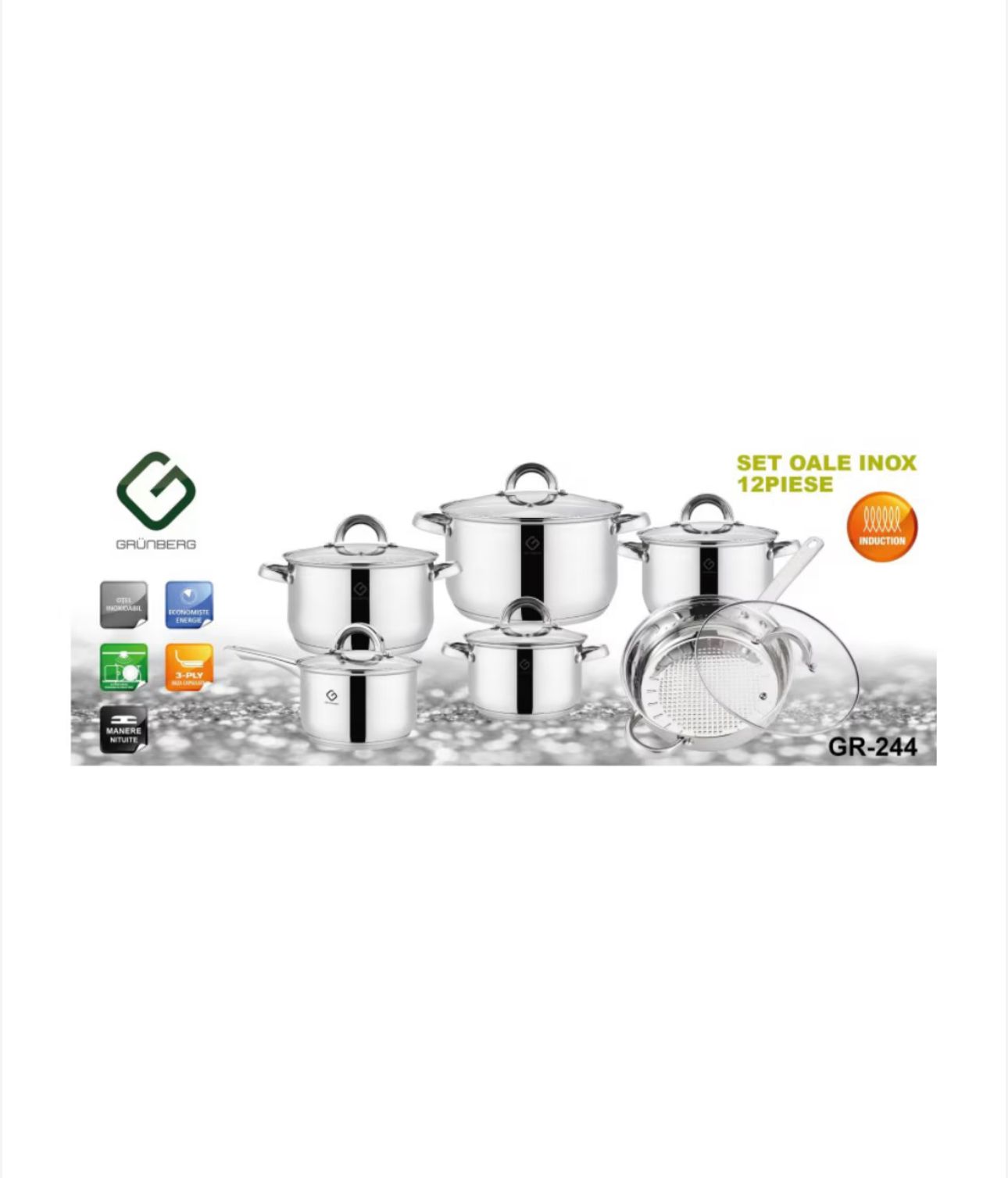 Set 12 piese 6 cratițe din inox cu capace din sticlă Grunberg