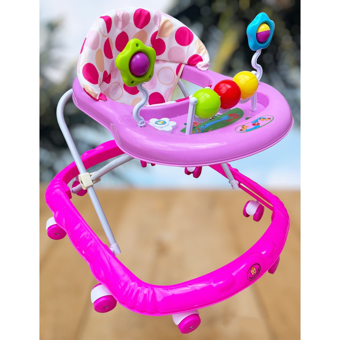 Premergător Multifuncțional AKU Baby si Cărucior, cu înălțime reglabilă, Jucării Melodii și Lumini, pentru bebeluși, Roz
