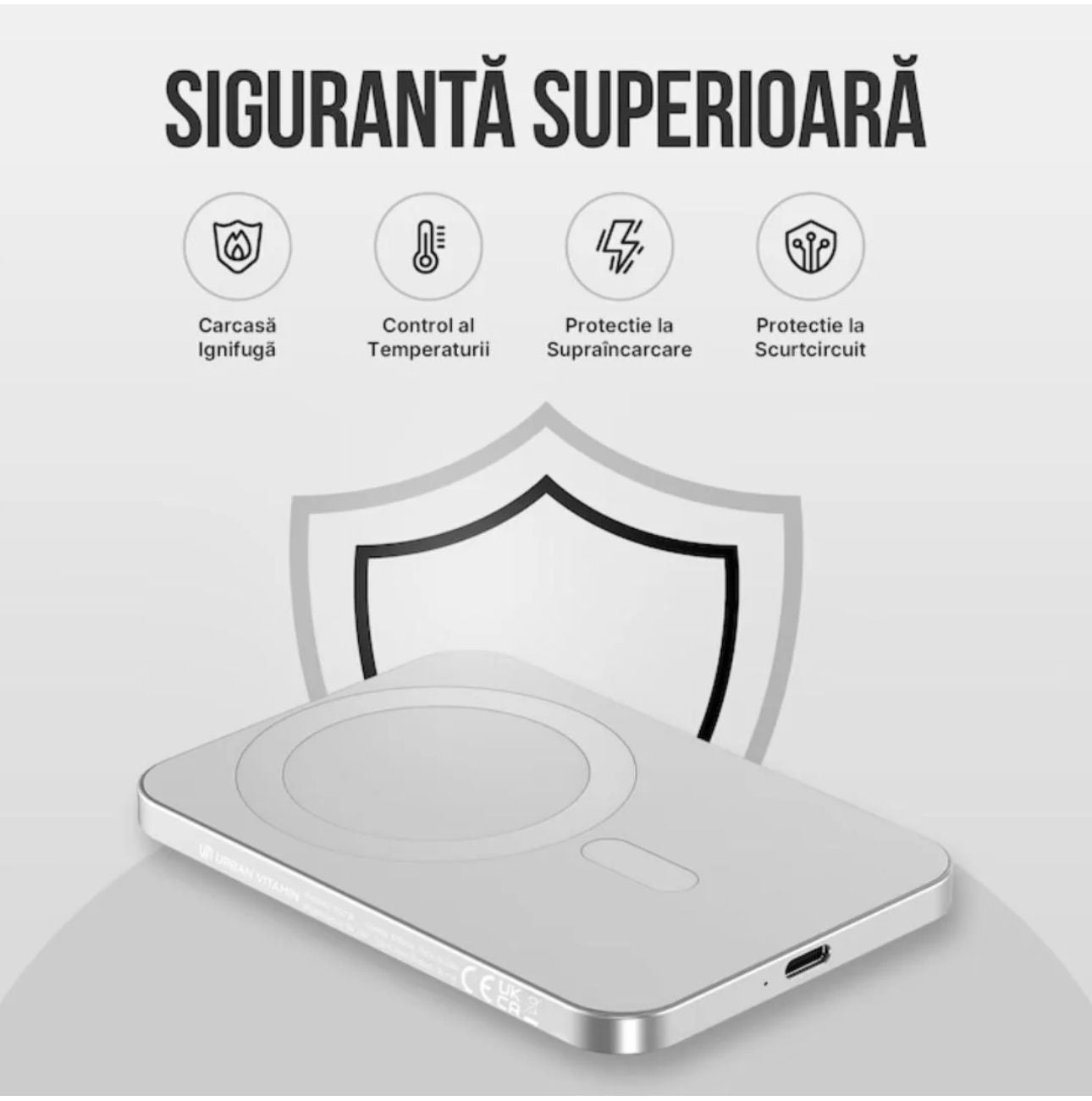 Baterie Externă Wireless Vitse Slim by Vitse 5.000 mAh, Compatibilă iPhone 12-15 Pro si Android, Power Bank fast charger, incărcare Wireless QI 15W, Portabilă, Cablu Type-C, Alb