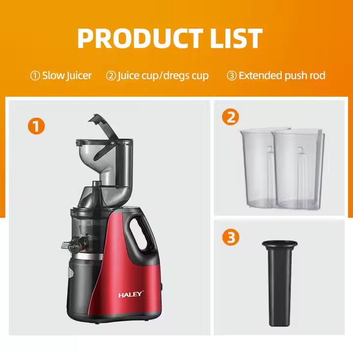 Storcator de citrice HALEY, 150W, Sistem anti-alunecare, Inox, Roșu/Negru
